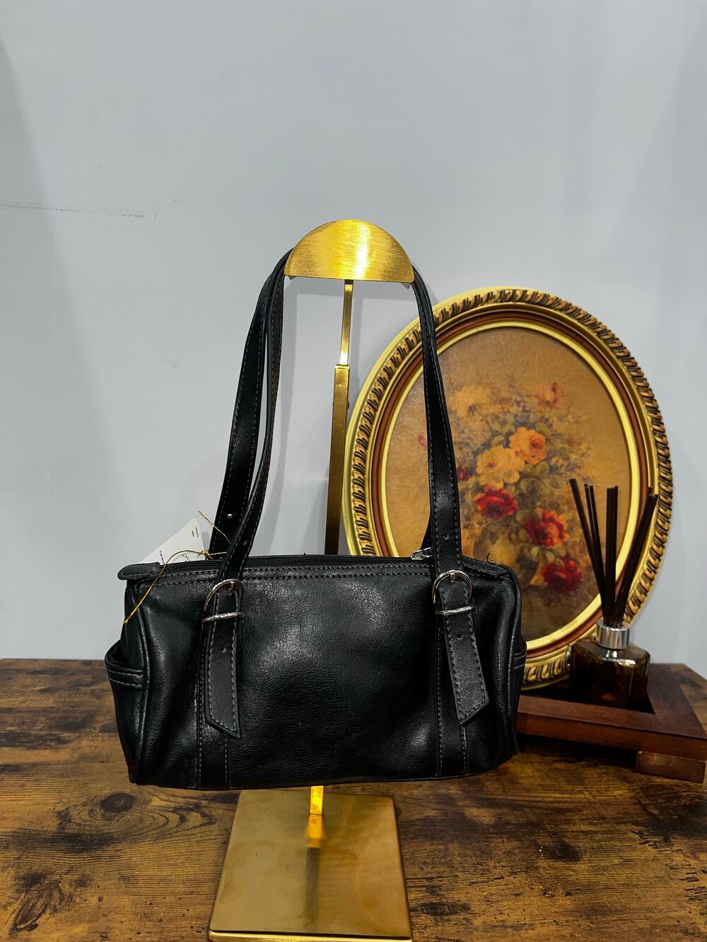 Small Black Faux Leather Shoulder Bag with Double Straps and Buckle Detail